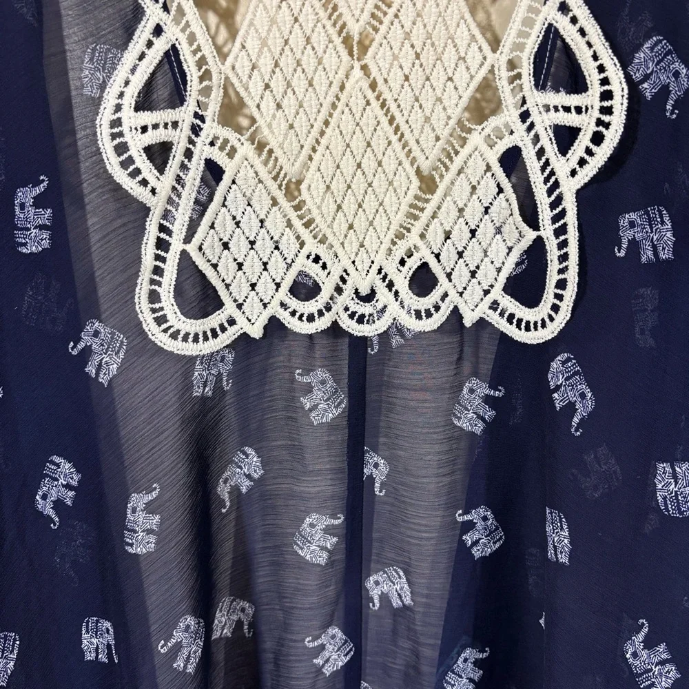 Navy Sheer Boho Elephant Print Crochet Sleeveless Cover-Up Size L